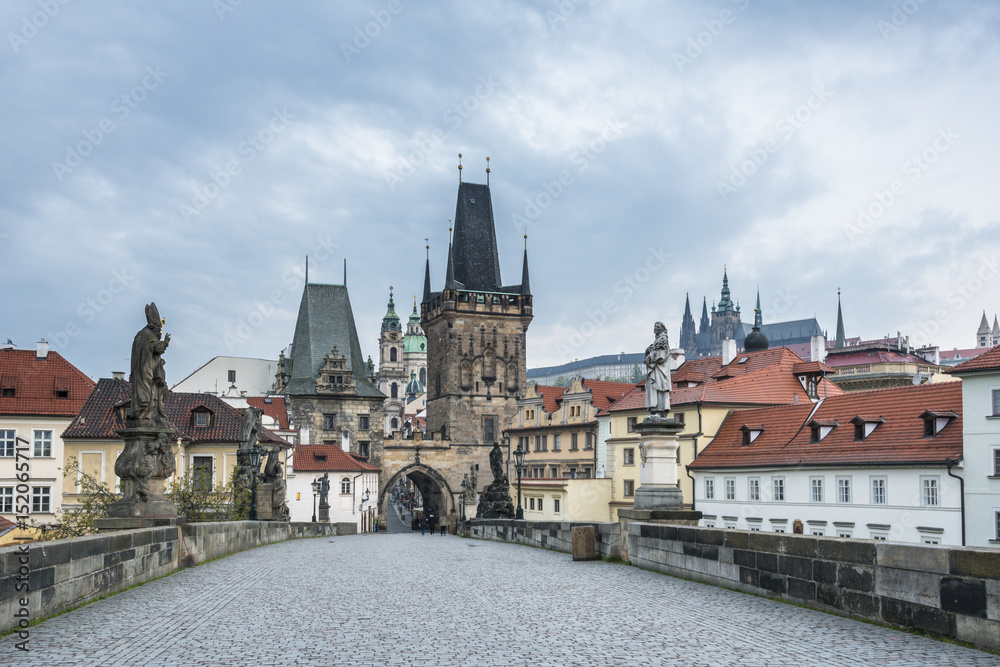 Charles bridge (Karluv Most), Lesser Town Bridge Tower and the tower of the Judith Bridge with St. Vitus Cathedral on the background, Prague (UNESCO), Czech Republic