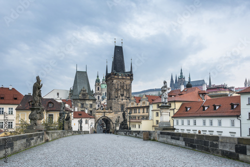 Charles bridge (Karluv Most), Lesser Town Bridge Tower and the tower of the Judith Bridge with St. Vitus Cathedral on the background, Prague (UNESCO), Czech Republic