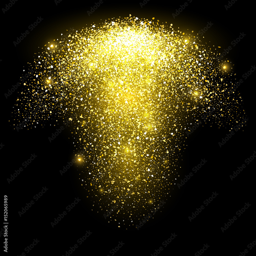 Obraz premium Golden glow glitter particles. Explosion or falling star burst with sparkles isolated on black background. Grainy abstract texture. Vector light effect.