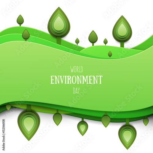 Paper cut cartoon nature landscape with green plant, fiels and hills in realistic trendy craft style. Modern origami design. World environment day concept greeting card, banner. Vector illustration.