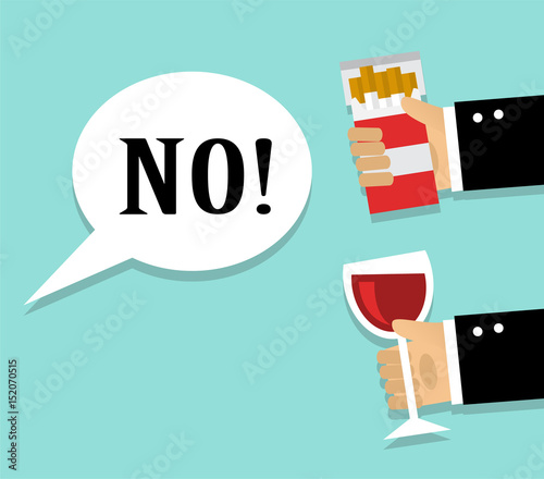 Hands stretch a glass of wine and cigarettes in a pack. A person refuses bad habits