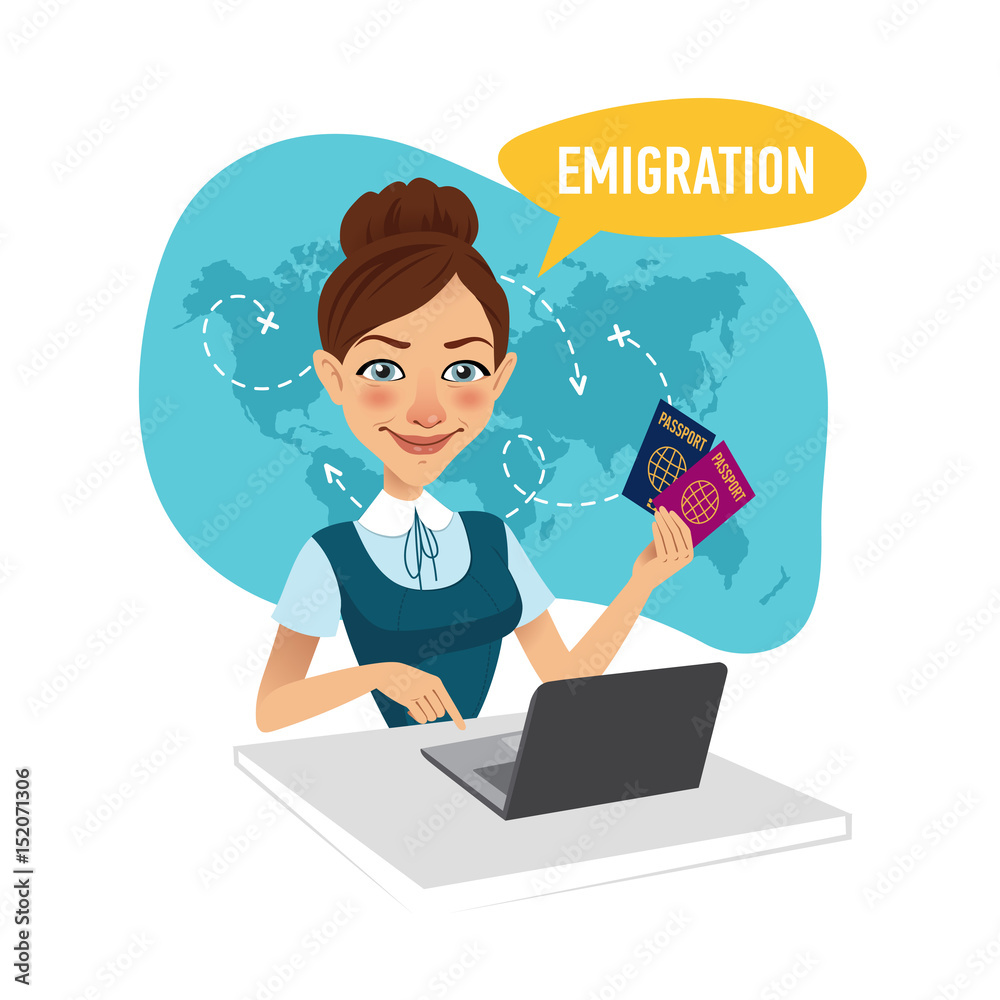 Woman sitting at table in office and working for laptop. Employee of company prepares visas for migrants. Woman sitting at table in office and working for laptop. Employee of company prepares visas for migrants.