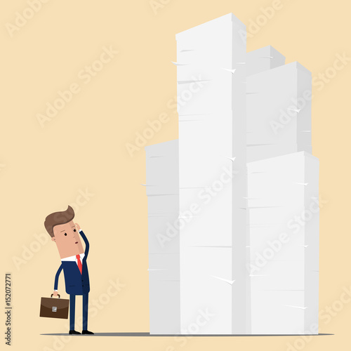 The businessman is facing large piles of papers. Business concept. Vector illustration