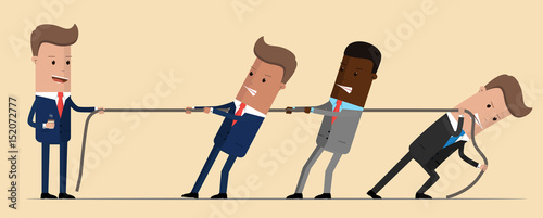 Illustration of a scene of rope tugging where three businessman try hard to cope with one experienced businessman . vector illustration