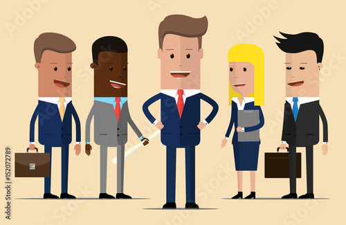 Leader in front of team of successful executives. A team of successful executives led by a great leader who stands in front of them. vector illustration
