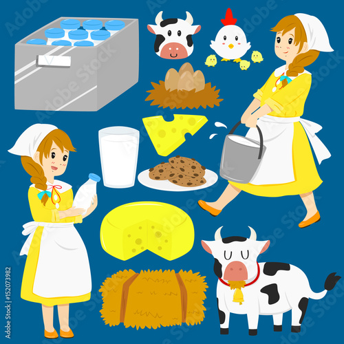 Milkmaid character, animals, and items vector collection