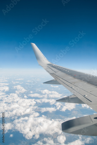 The wing of the plane on blue sky,