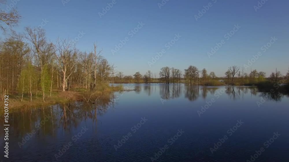 Fly above spring river in high water flood season 4k aerial wild forest trees. Camera moving above overflowed banks with trees standing in water morning or day sunny weather. Polesye, Belarus, Europe Fly above spring river in high water flood season 4k aerial wild forest trees. Camera moving above overflowed banks with trees standing in water morning or day sunny weather. Polesye, Belarus, Europe