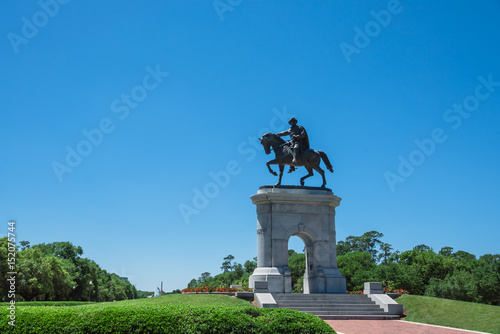 The statue of Sam Houston in Hermann Park, downtown of Houston, Texas, US. He was American politician and soldier, best known for role in bringing Texas into the United States as a constituent state. photo