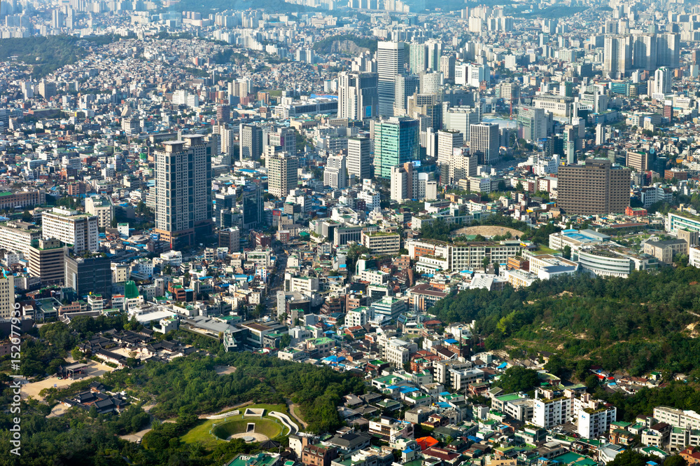 View from above to the city of Seoul on a summer day