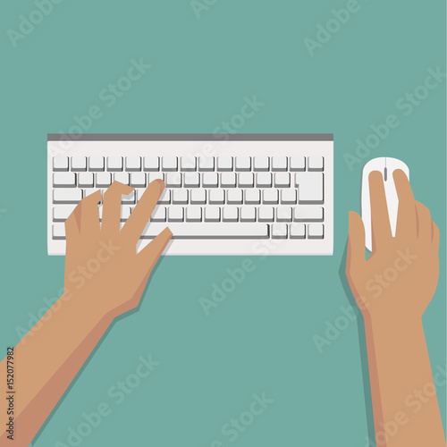 Flat Hands typing on white keyboard with mouse and pastel background vector