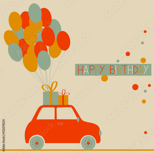 Birthday greeting card with car, balloons and gifts. Vector illustration.