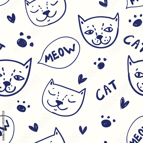 Seamless funny  pattern with cute blue countour cats, bubbles and hearts on white background in cartoon style. Vector sketch illustration. photo