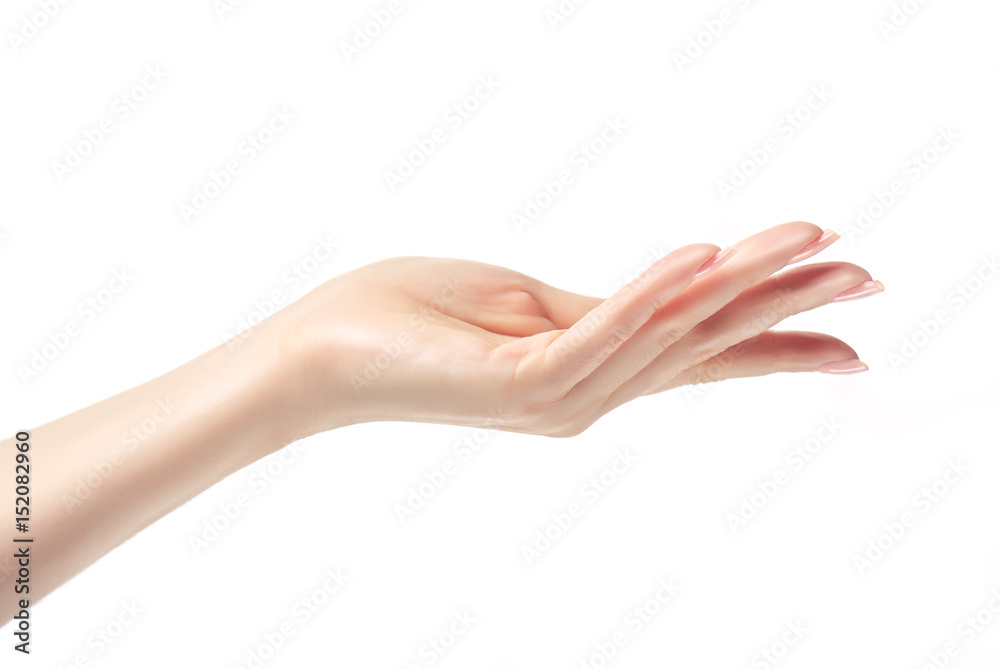 Hand offers, or demonstrates something . Hand skin care. Closeup of beautiful woman hands with  light manicure on nails . Cream for hands and treatment.