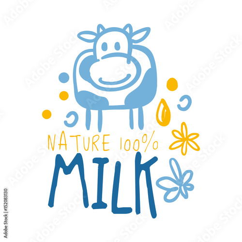 Farm nature milk logo symbol. Colorful hand drawn illustration