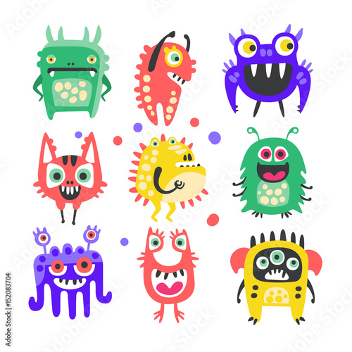 Friendly cartoon funny monsters and aliens set. Colorful collection of cute monsters Illustration