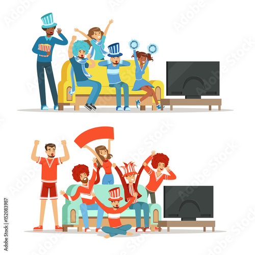 Group of friends watching sports on TV and celebrating victory at home. People dressed in red and blue, supporting their favorite sports team, colorful Illustrations