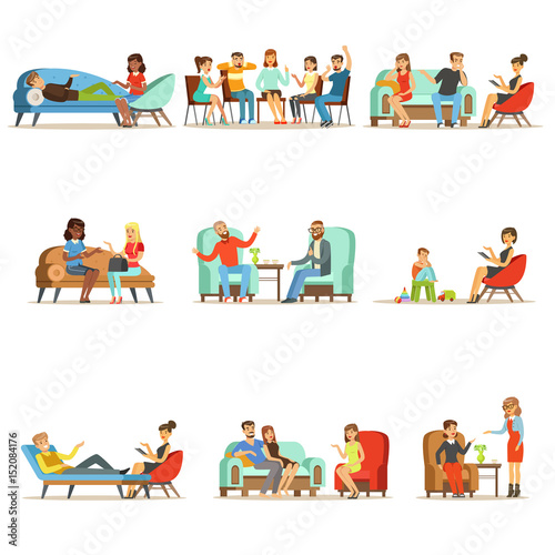 Patients at a reception at the psychotherapies. People talking to psychologist. Psychotherapy counseling, colorful Illustrations