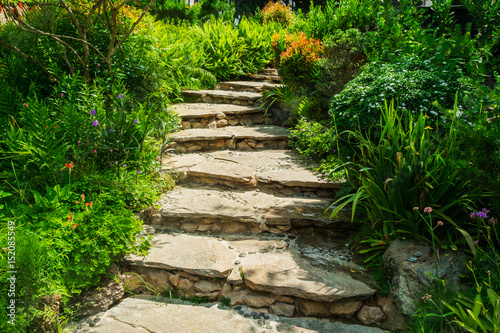 A stone staircase through a park.