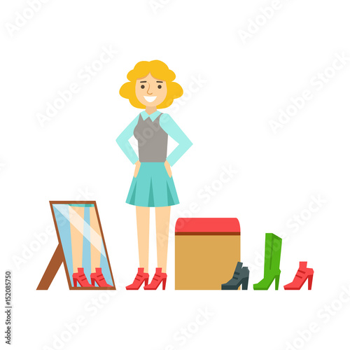 Women trying on shoes in a shoes store, colorful vector illustration