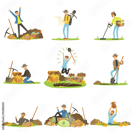 Treasure hunting, people in search of treasure. Cartoon detailed Illustrations