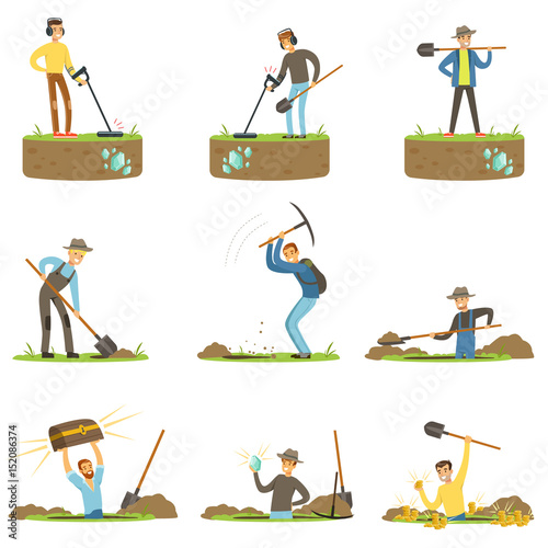 Treasure hunter, archaeologist, downshifter. People in search of treasure. Cartoon detailed Illustrations