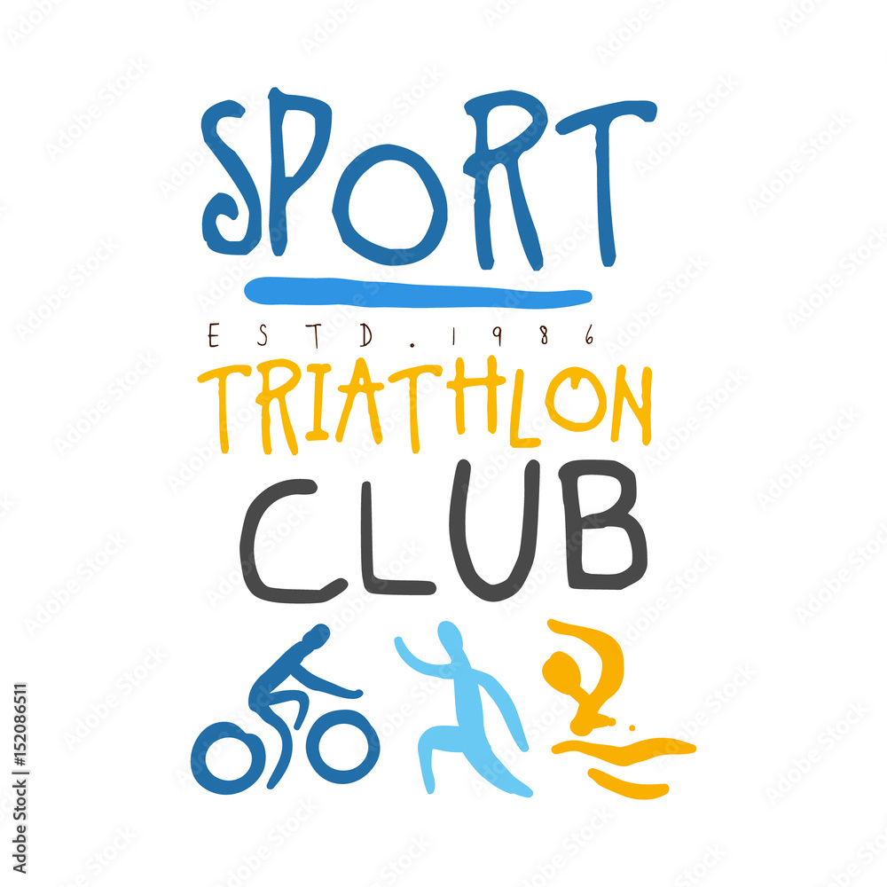 Fototapeta premium Sport triathlon club logo. Colorful hand drawn illustration