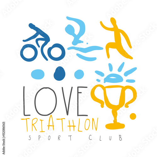 Love triathlon sport club logo. Colorful hand drawn illustration