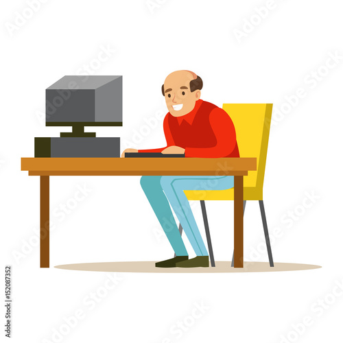 Smiling bald man working on a computer at his office desk, colorful character vector Illustration
