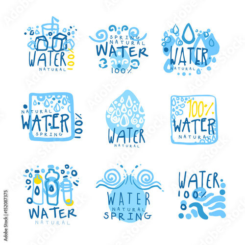 Natural water set for label design. Colorful hand drawn illustrations