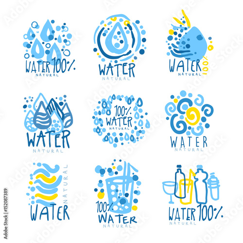 Water or aqua set for logo design. Organic, natural and healthy drinks. Colorful hand drawn illustrations