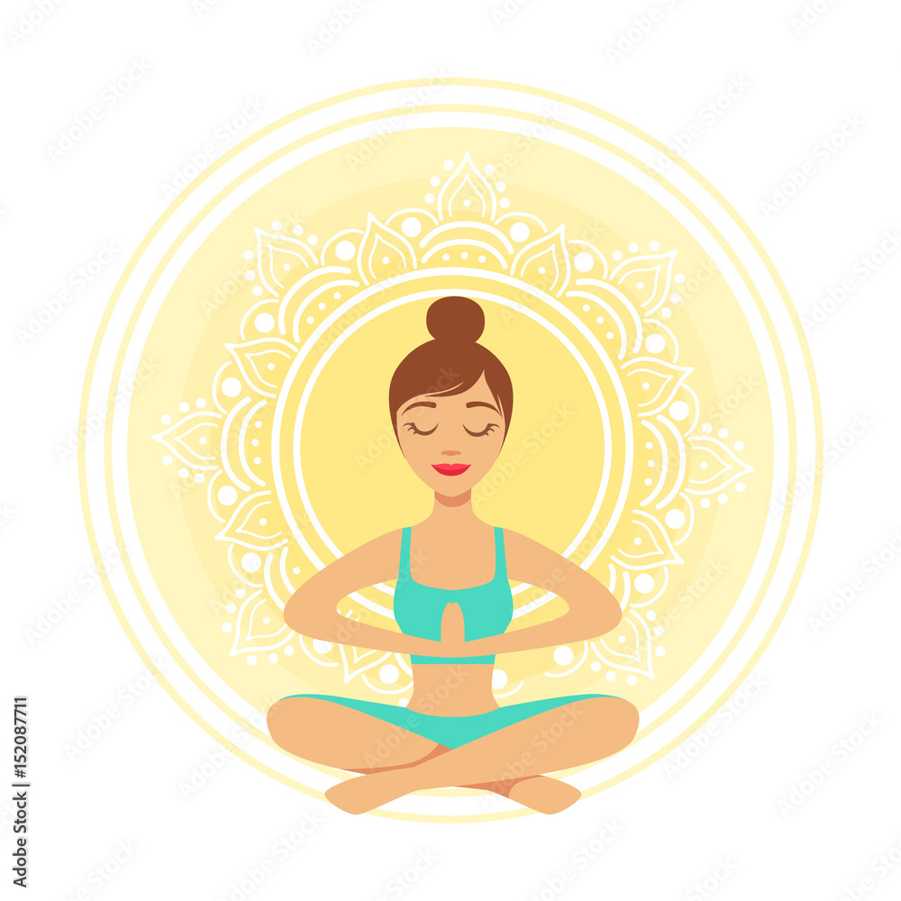 Young yoga woman meditating in the lotus position with praying hands, colorful character vector Illustration