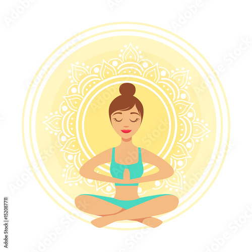 Young yoga woman meditating in the lotus position with praying hands, colorful character vector Illustration © topvectors