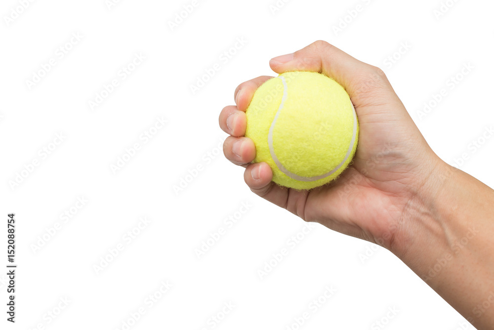 Holding tennis ball isolated on white background.