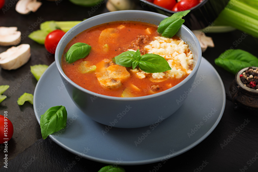 Thick tomato soup with minced beef, mushrooms and celery. Thick tomato soup with minced beef, mushrooms and celery.