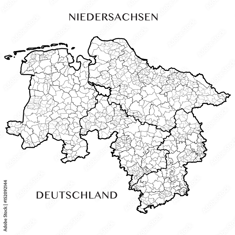 Detailed map of the State of Lower Saxony (Germany) with borders of municipalities, municipalities associations, districts, and state. Vector illustration