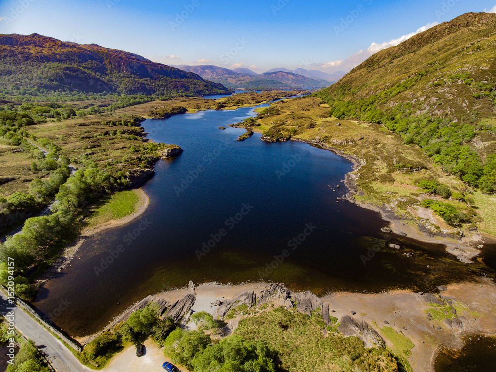 Aerial view Killarney National Park on the Ring of Kerry, County Kerry, Ireland. Beautiful scenic aerial of a natural irish countryside landscape.