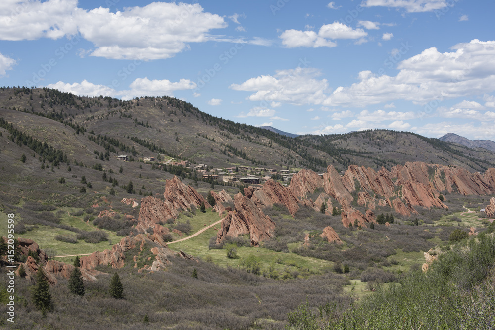 View of large dramatic red sandstone formations at Roxborough State Park in Colorado