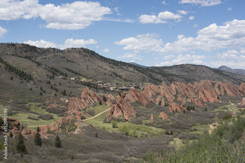 View of large dramatic red sandstone formations at Roxborough State Park in Colorado photo