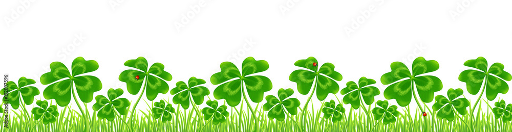 Green four-leaf clovers field, Saint Patrick's Day vector seamless border Green four-leaf clovers field, Saint Patrick's Day vector seamless border