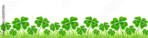 Green four-leaf clovers field, Saint Patrick's Day vector seamless border