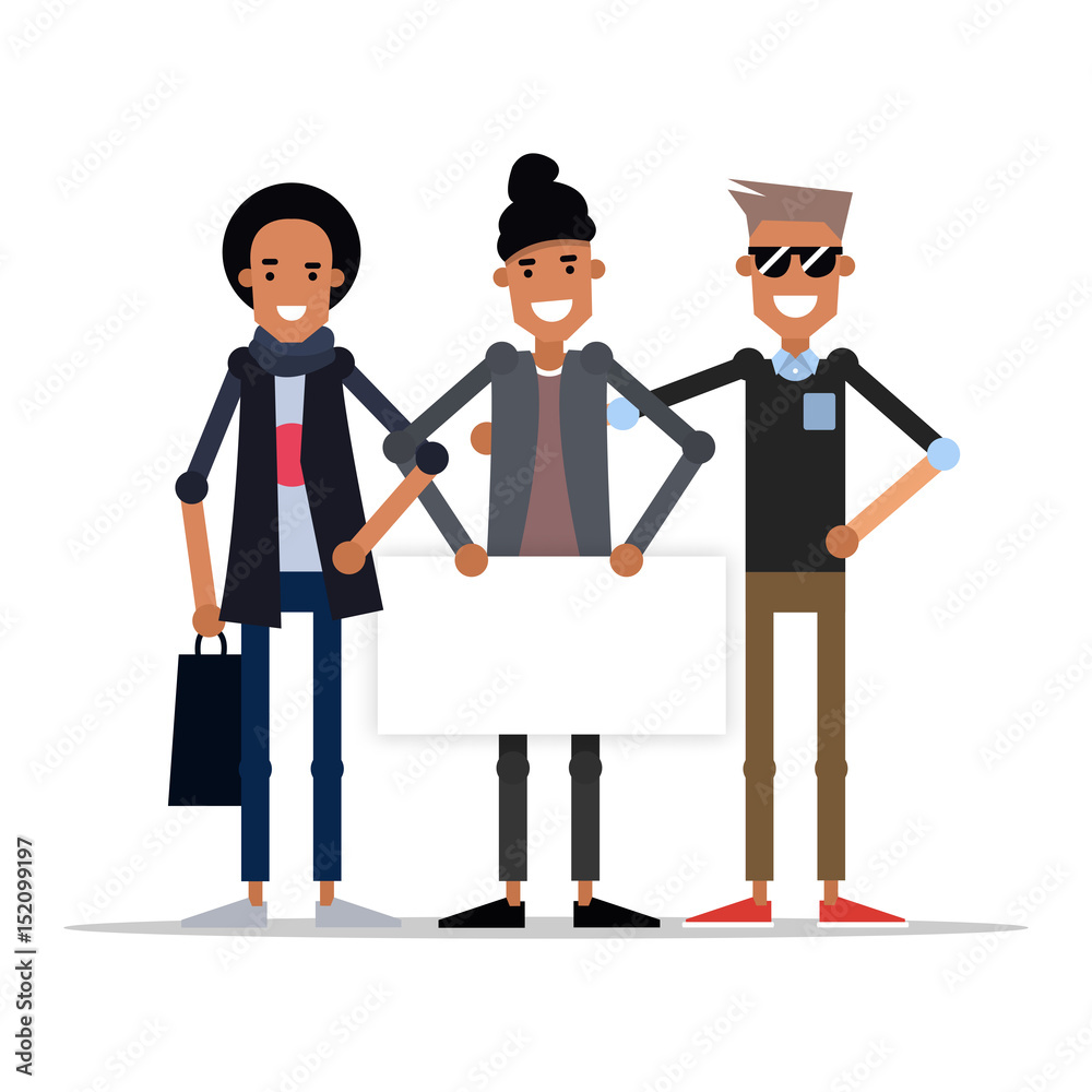 Group of young friends with message board. Vector illustration on white isolated background. Group of young friends with message board. Vector illustration on white isolated background.