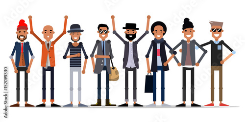 A group of young guys in fashionable clothes.  Vector illustration isolated on white background.