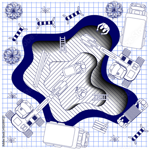 Excavation work on the sheet in a cage. View from above. Vector illustration.