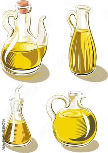 Bottles and glass containers of extra virgin olive oil.