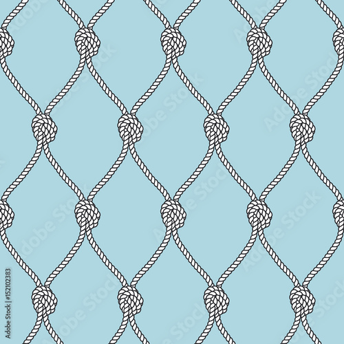 Marine rope fishnet with knots seamless vector background. Nautical repeating texture