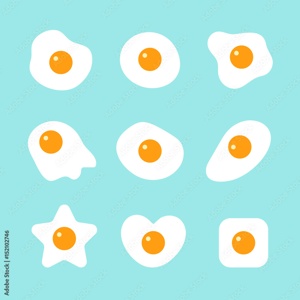 collection of fried egg in many shape, flat design vector illustration.