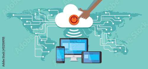 global cloud computing hand push button on wireless connected with multimedia devices. worldwide web with viral electronic circuits flat vector llustration