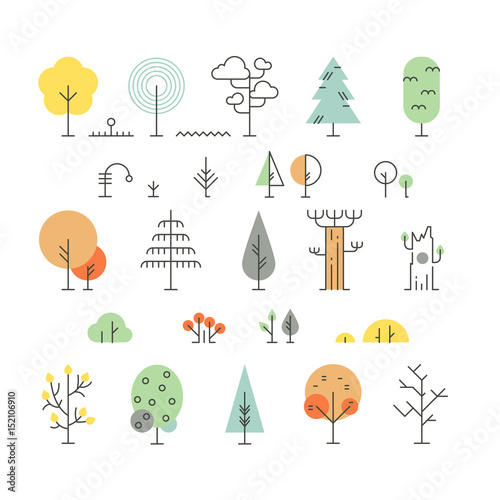 Forest trees line icons with simple geometric shapes