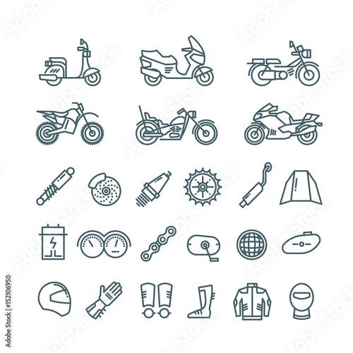 Motorcycle, auto parts and motorbike accessories vector line icons